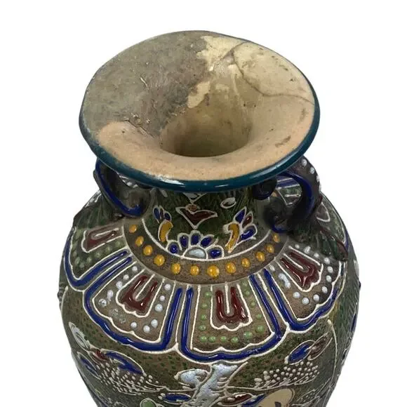 Vintage Ceramic Asian Couple Painted Mosaic Double Handle Crack Repair Vase - Picture 2 of 4